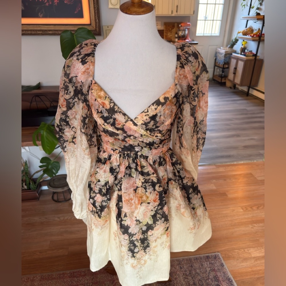 Zimmermann Floral Puff-Sleeve Mini Dress in Cream, Black and Pink - Picture 7 of 12